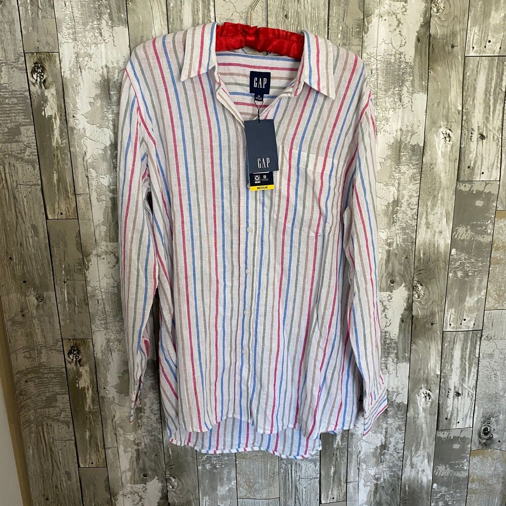 NWT GAP beetrot multi-stripe colorful lenin button up casual top M